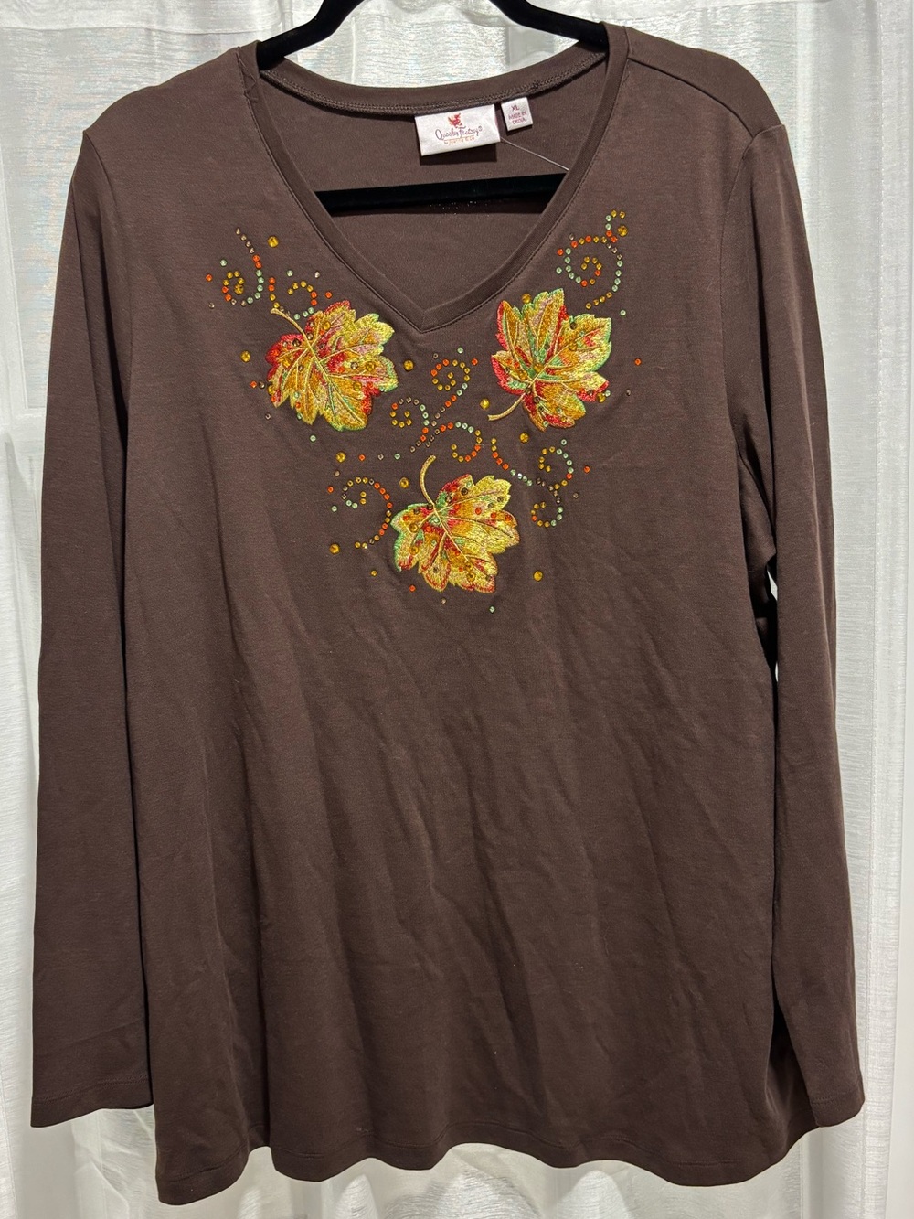 NWT Quacker Factory QVC Embellished Fall Leaves Long Sleeve Top XL Brown